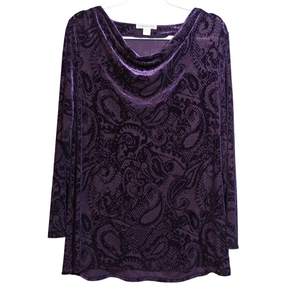 Coldwater Creek Purple Velvet Burnout Cowl Neck Semi Sheer Top Size L